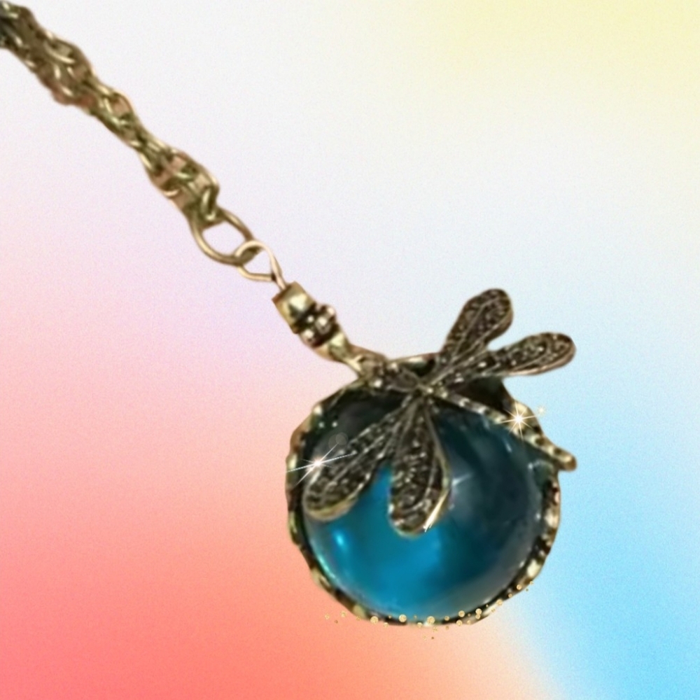 Teal Glass Dome Pendant w/ Dragonfly Dangling Charm